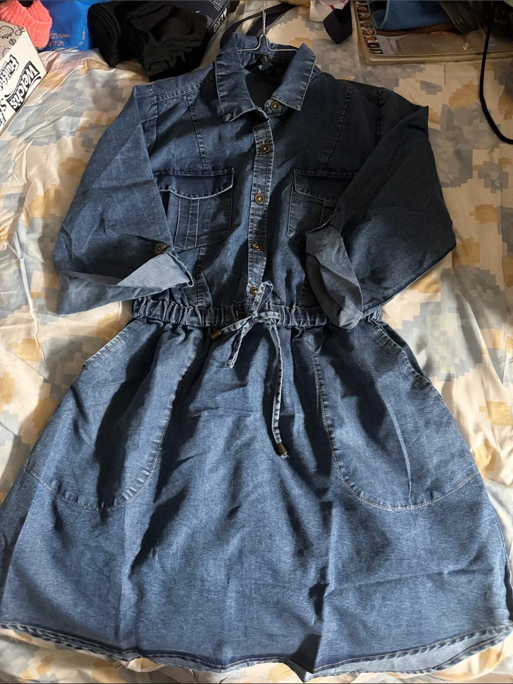 Women's Indigo Denim High-Low Shirt Dress with Drawstring Waist - Picture 1 of 9